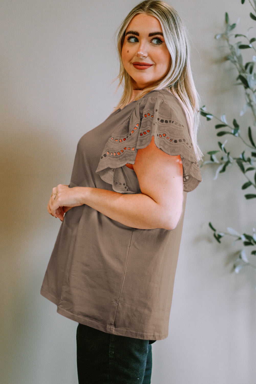 Plus Size Eyelet Round Neck Short Sleeve Blouse - The Boutie Shop