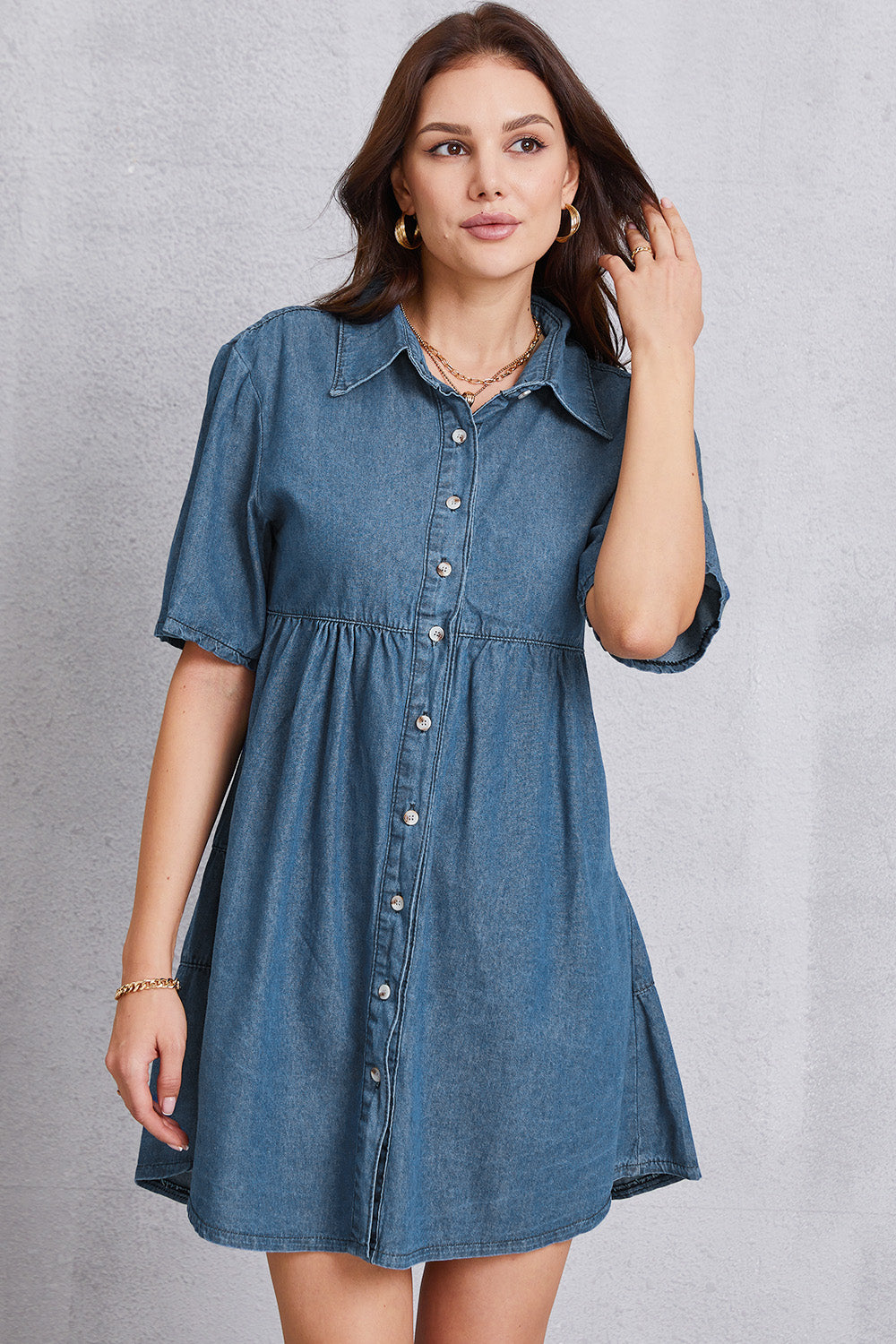 Button Up Collared Neck Tiered Denim Dress - The Boutie Shop