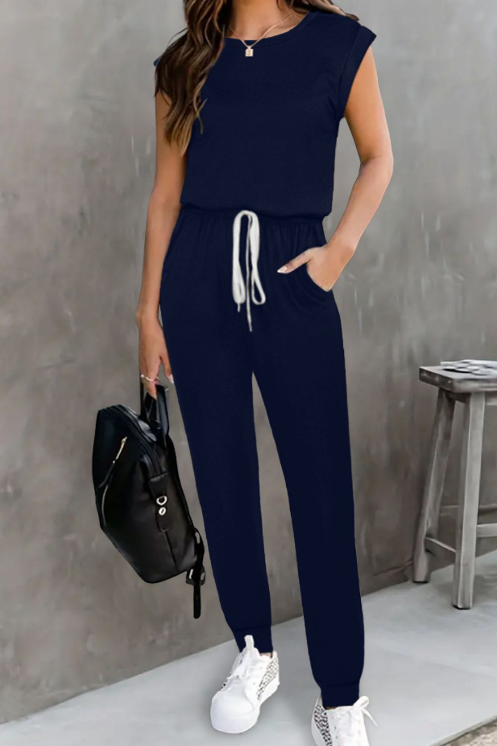 Drawstring Round Neck Sleeveless Jumpsuit - The Boutie Shop