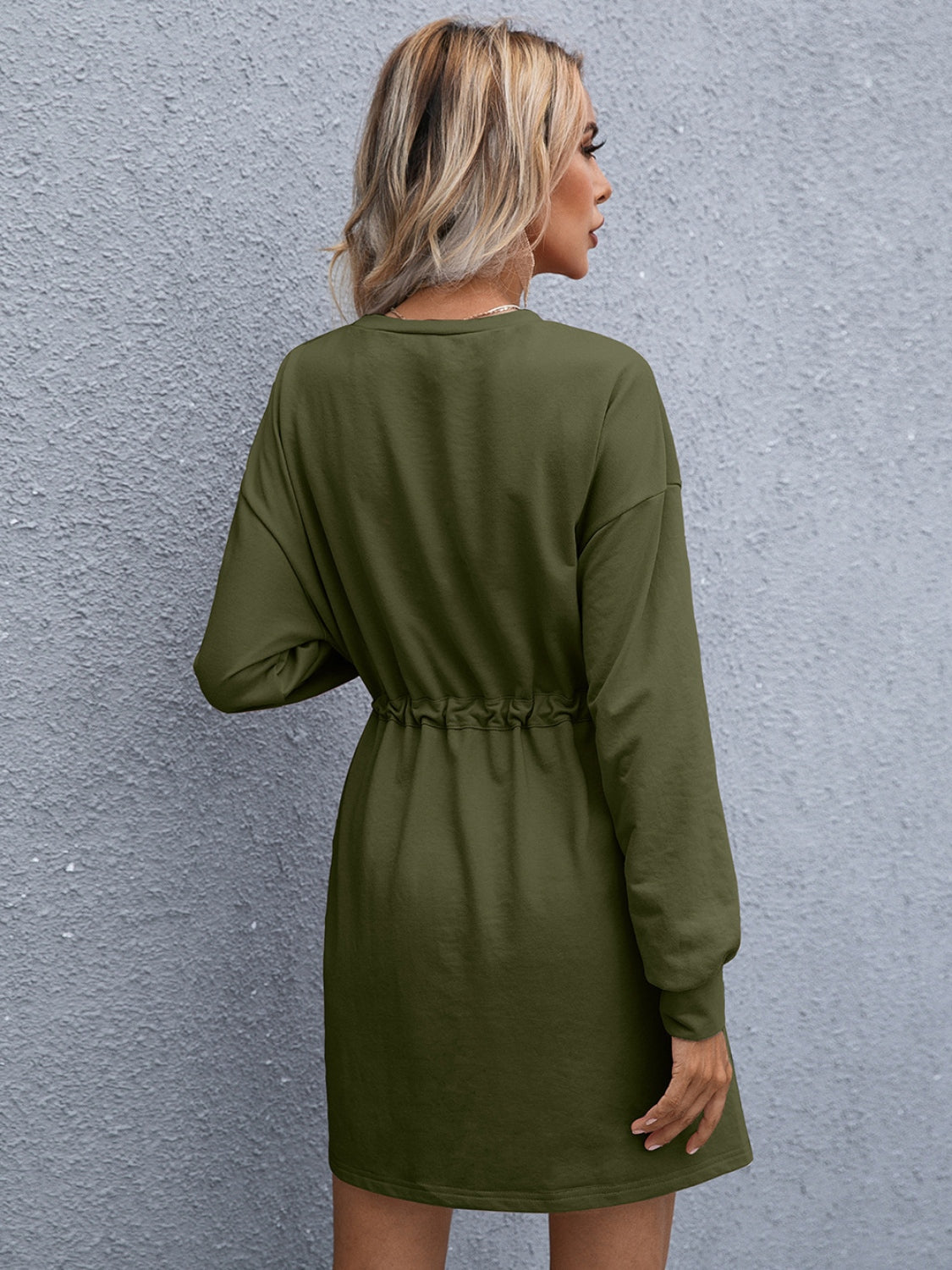 Ivy Lane Drawstring Round Neck Dropped Shoulder Mini Dress - The Boutie Shop