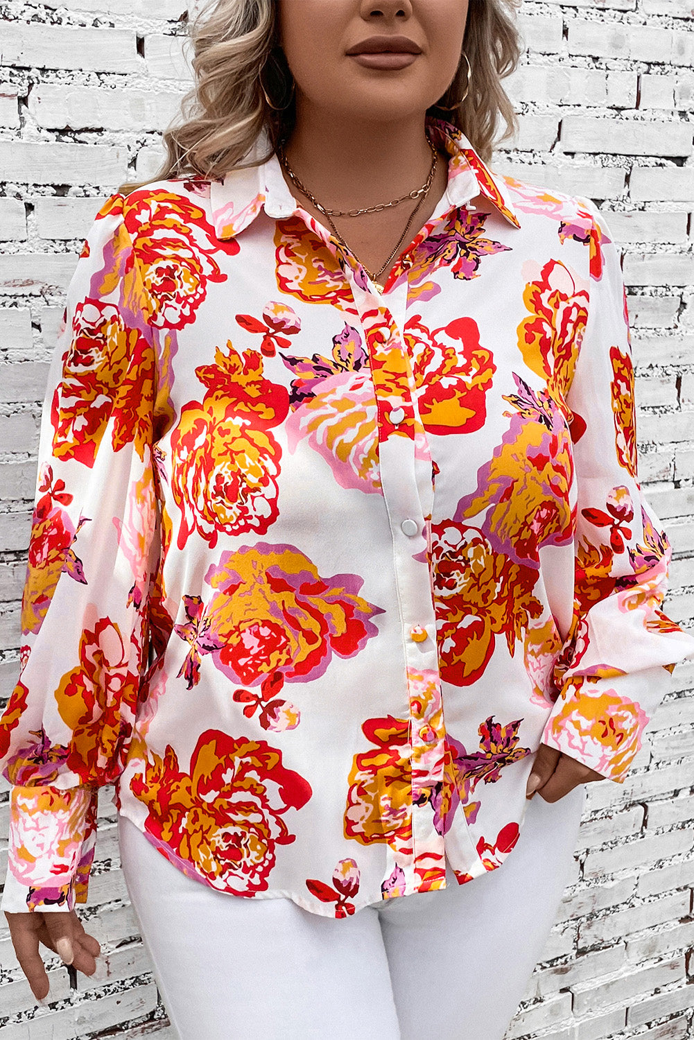 Plus Size Printed Long Sleeve Shirt - The Boutie Shop