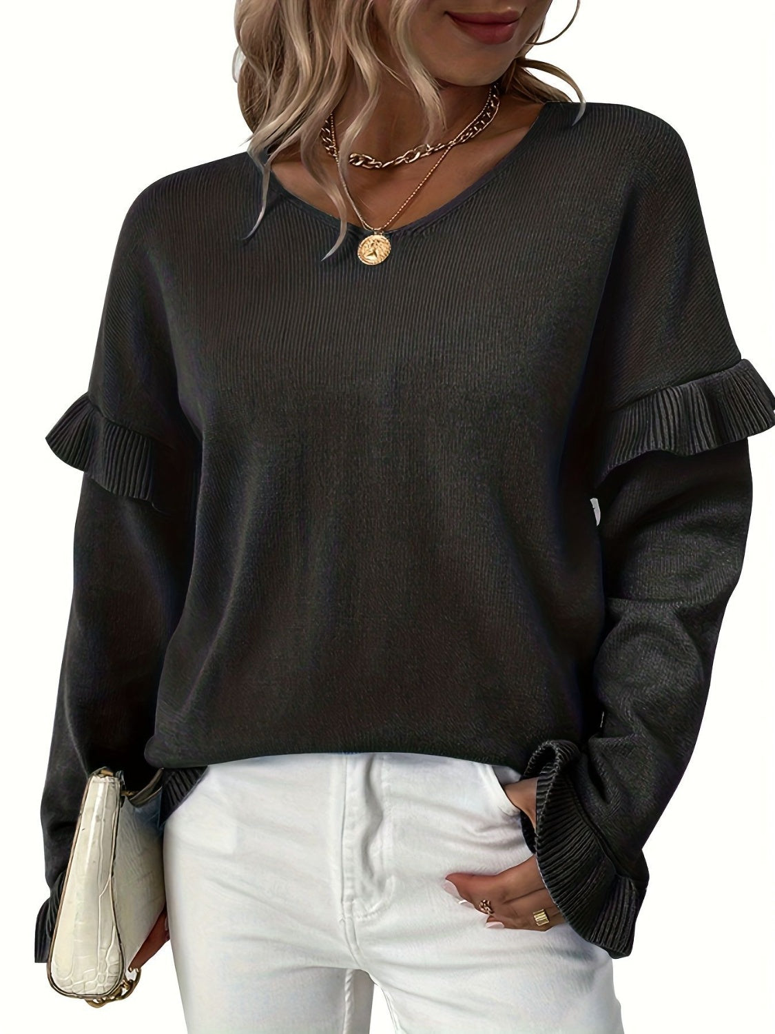 V-Neck Ruffle Trim Long Sleeve Sweater - The Boutie Shop