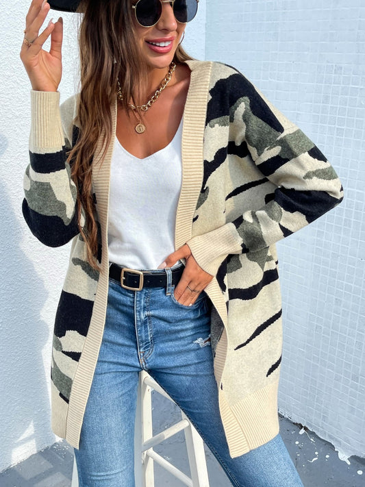 Camouflaged Dropped Shoulder Open Front Cardigan - The Boutie Shop