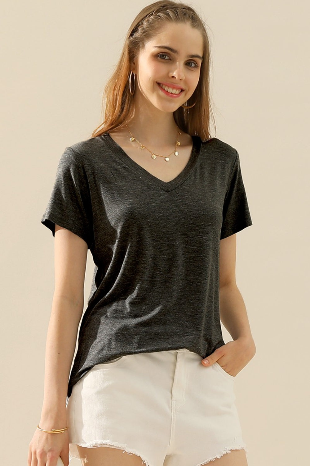 Ninexis Full Size V-Neck Short Sleeve T-Shirt - The Boutie Shop