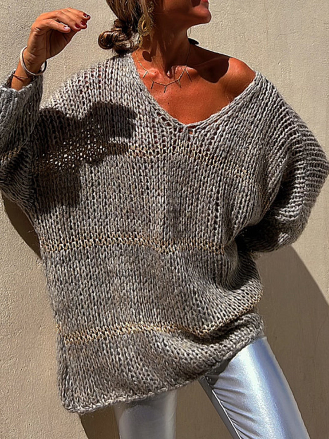 Openwork V-Neck Long Sleeve Sweater - The Boutie Shop