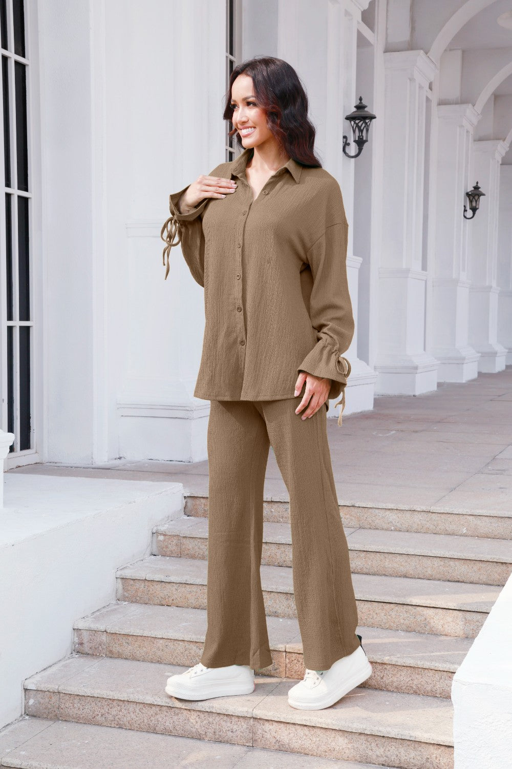 Drawstring Flounce Sleeve Shirt and Pants Set - The Boutie Shop