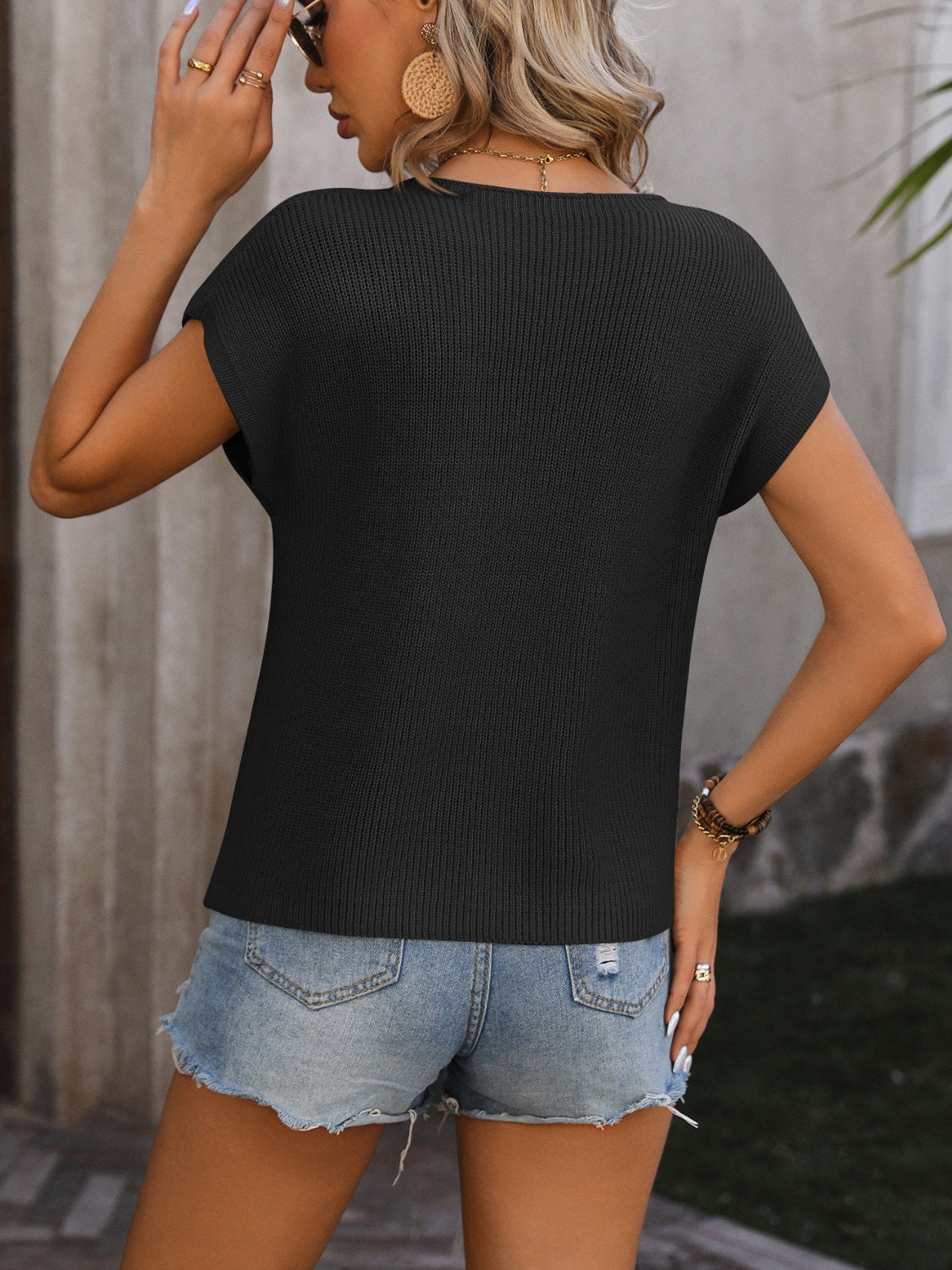 Mandy Pocketed Round Neck Cap Sleeve Sweater - The Boutie Shop