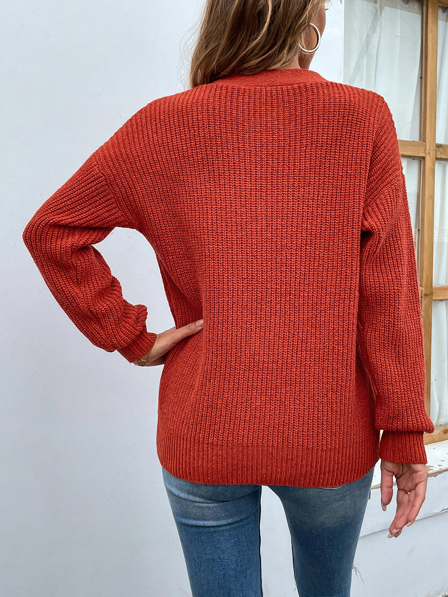 Cutout V-Neck Rib-Knit Sweater - The Boutie Shop