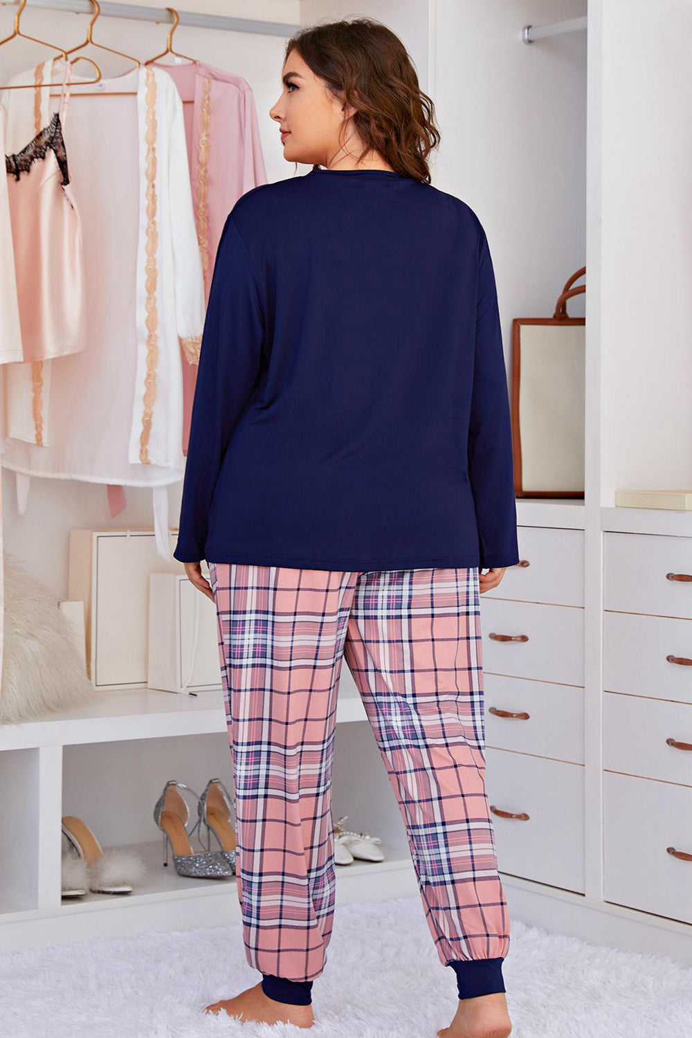 Plus Size Heart Graphic Top and Plaid Joggers Lounge Set - The Boutie Shop