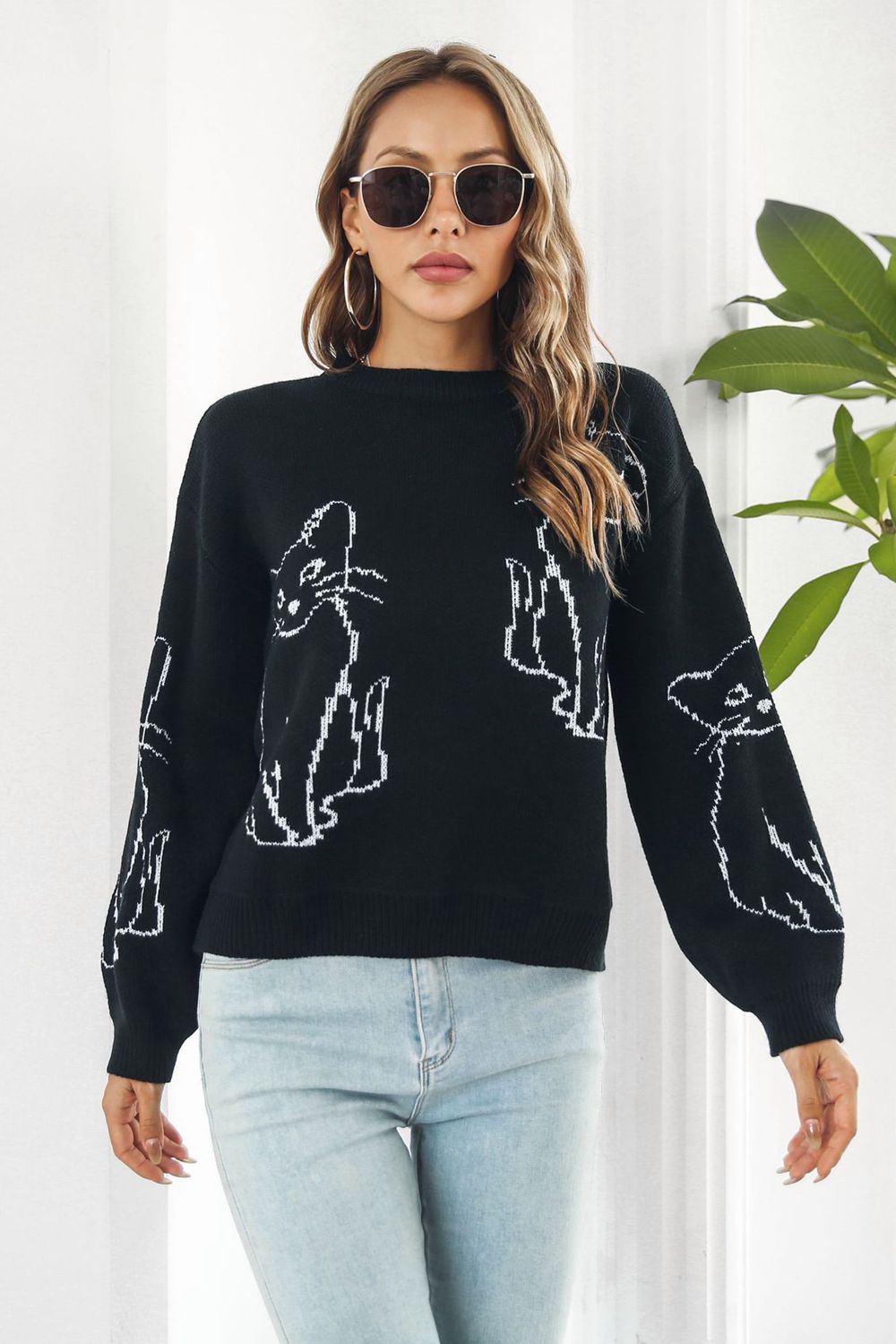 Cat Pattern Round Neck Long Sleeve Pullover Sweater - The Boutie Shop