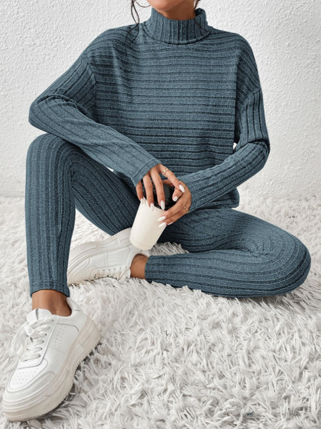 Ribbed Turtleneck Top and Pants Set - The Boutie Shop