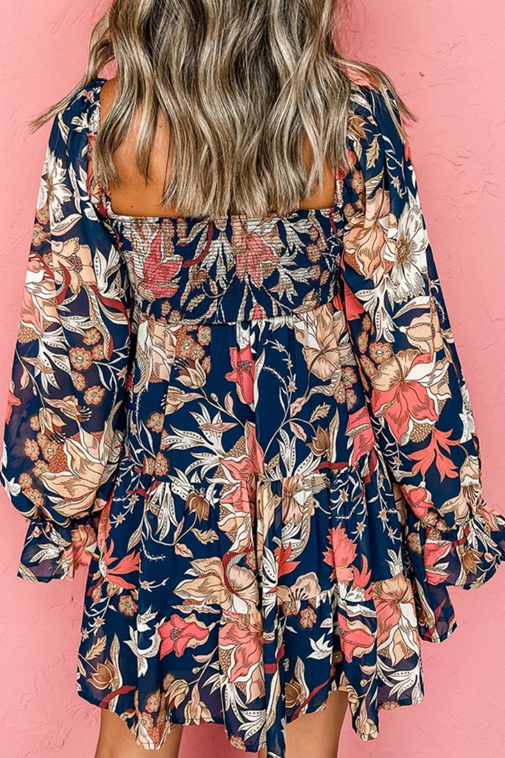 Plus Size Smocked Printed Long Sleeve Dress - The Boutie Shop