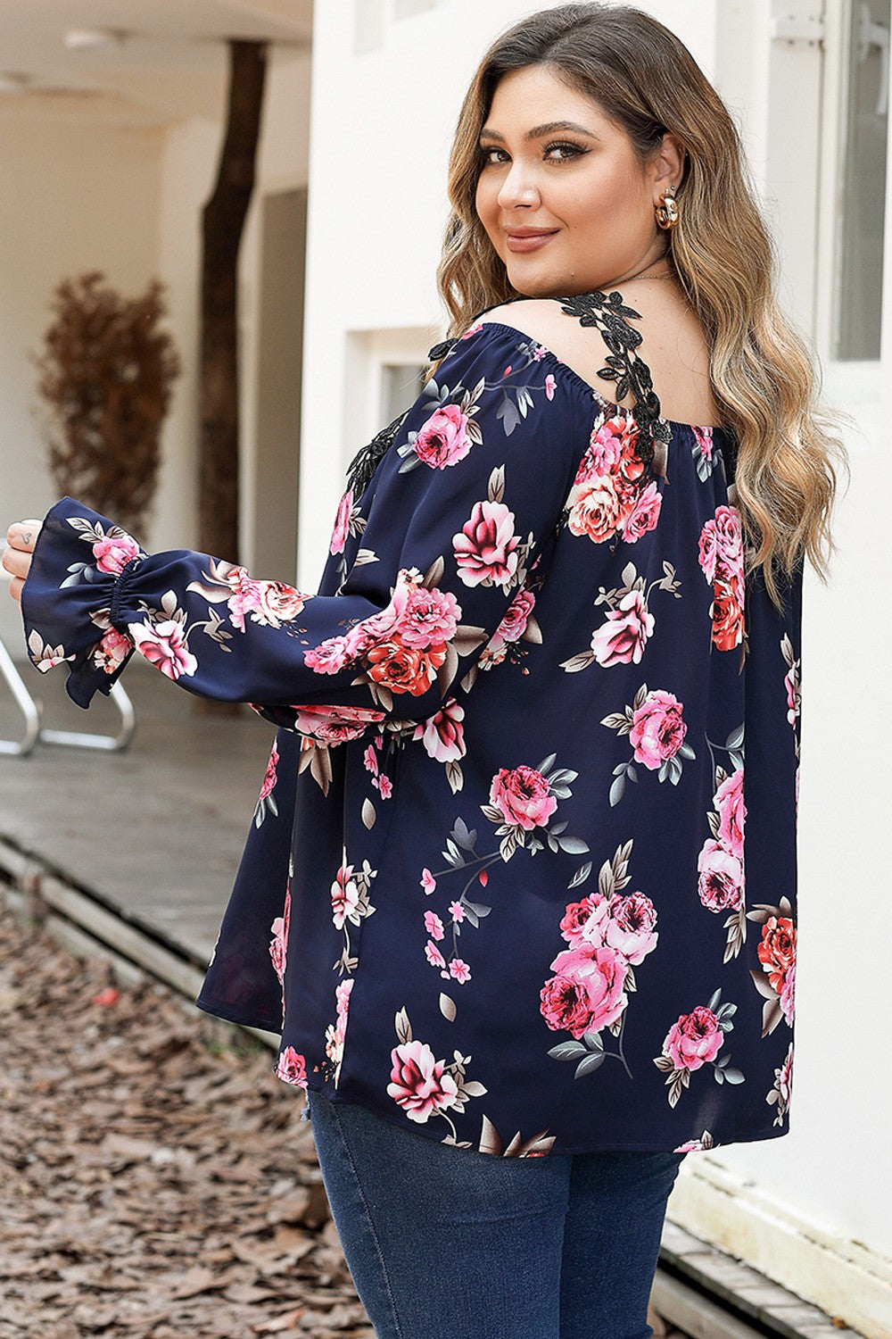 Plus Size Floral Flounce Sleeve Blouse - The Boutie Shop