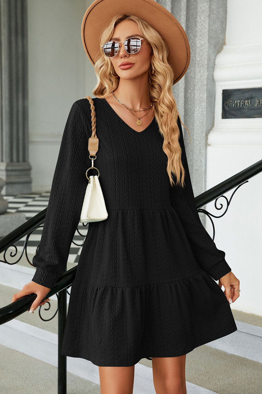 V-Neck Long Sleeve Mini Dress - The Boutie Shop