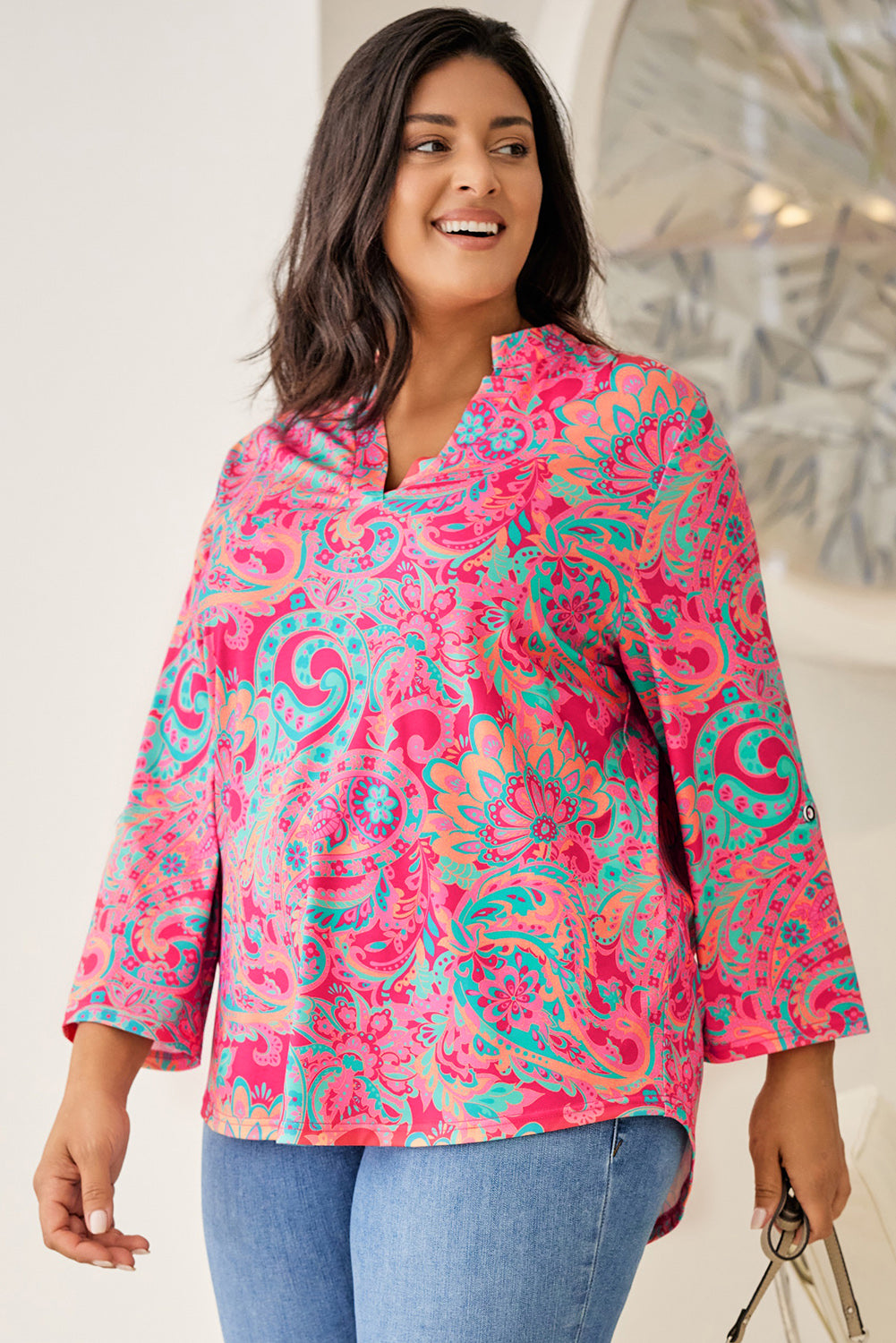 Plus Size Printed Notched Long Sleeve Blouse - The Boutie Shop