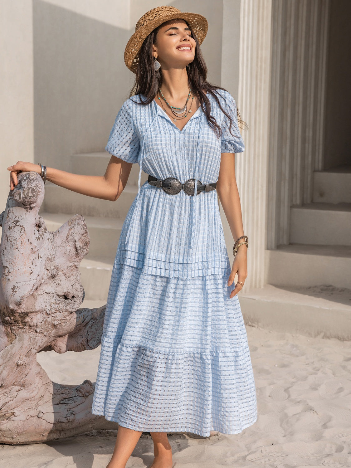 Tie Neck Balloon Sleeve Tiered Dress - The Boutie Shop