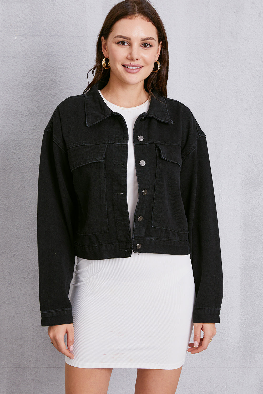 Button Up Dropped Shoulder Denim Jacket - The Boutie Shop