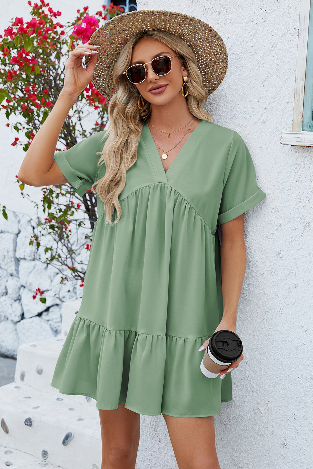 Ruched Tiered V-Neck Short Sleeve Mini Dress - The Boutie Shop