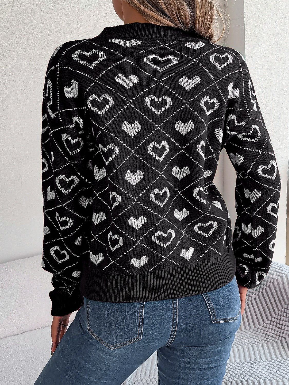 Heart Pattern V-Neck Long Sleeve Sweater - The Boutie Shop