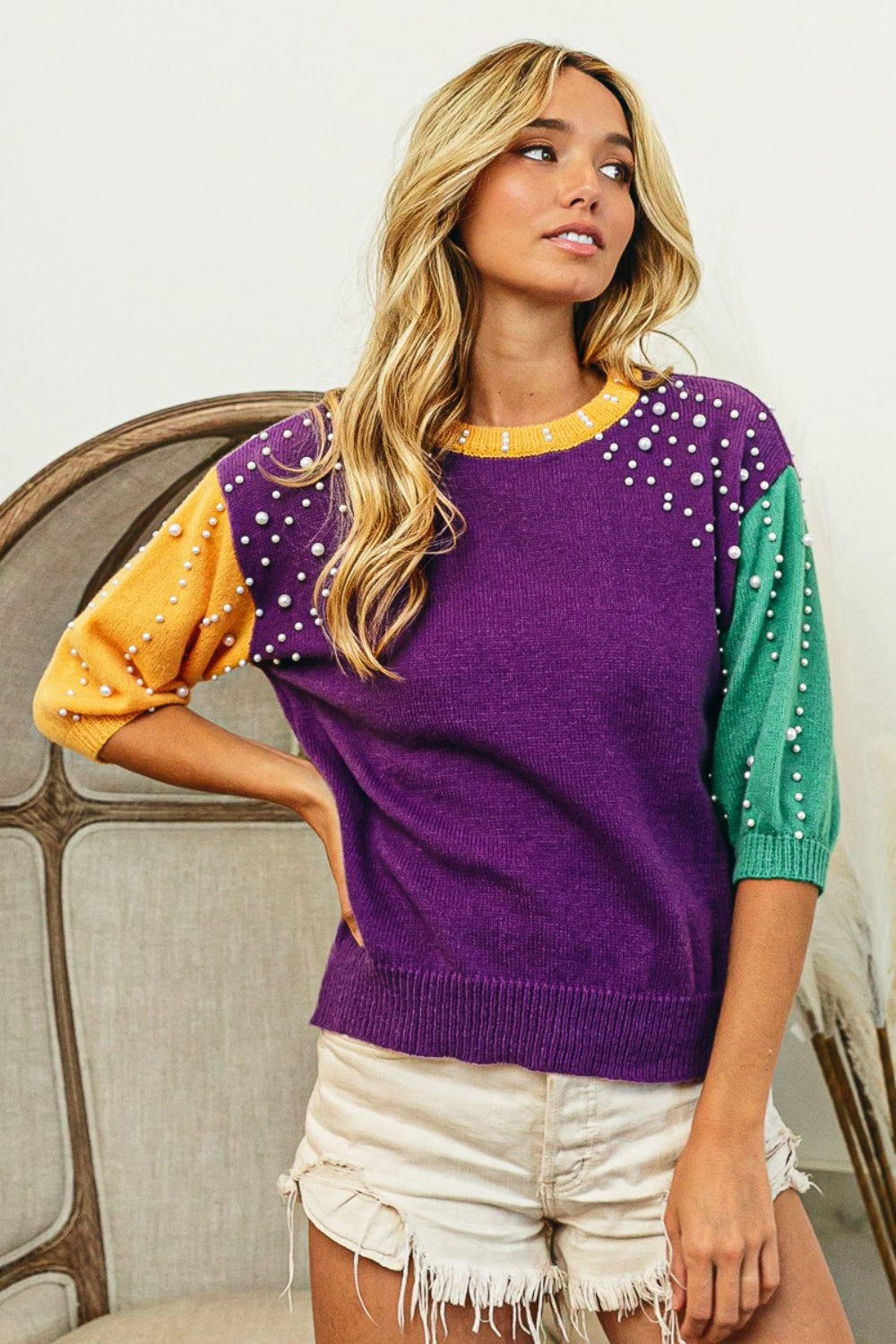 BiBi Color Block Pearl Detail Round Neck Sweater - The Boutie Shop