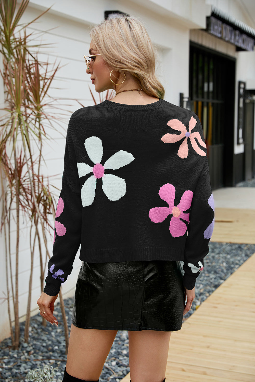 Flower Round Neck Drop Shoulder Sweater - The Boutie Shop