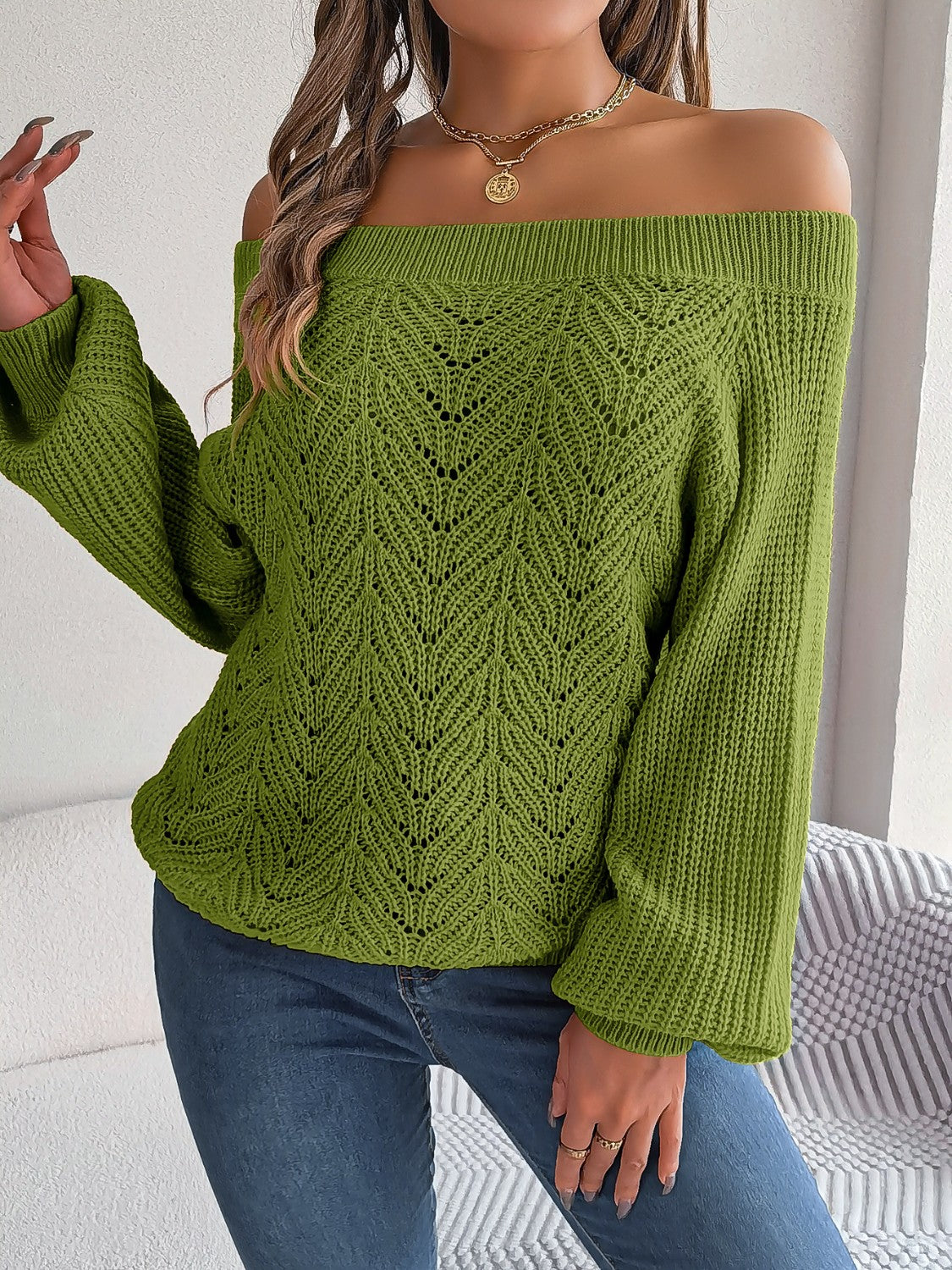 Openwork Off-Shoulder Long Sleeve Sweater - The Boutie Shop