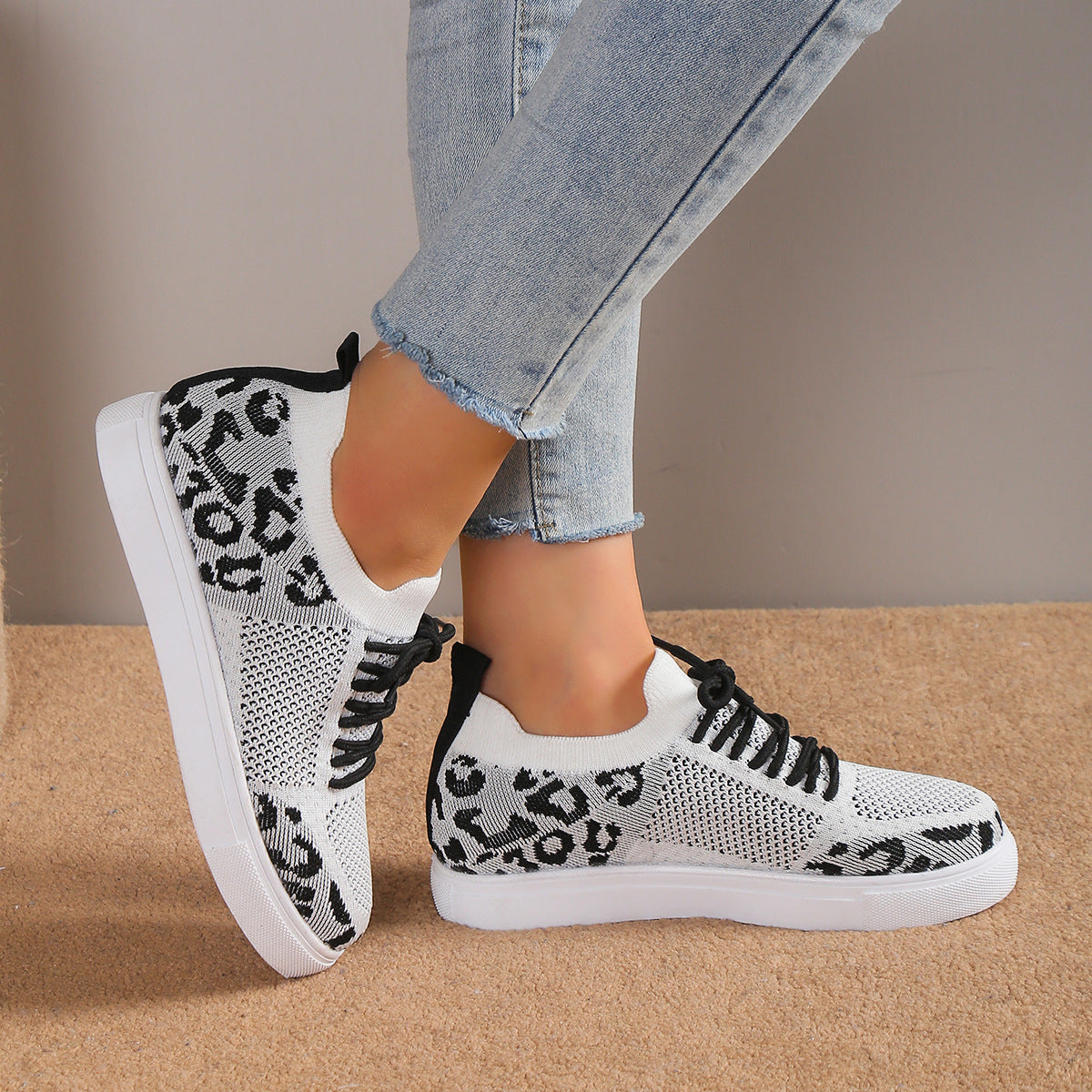 Lace-Up Leopard Flat Sneakers - The Boutie Shop