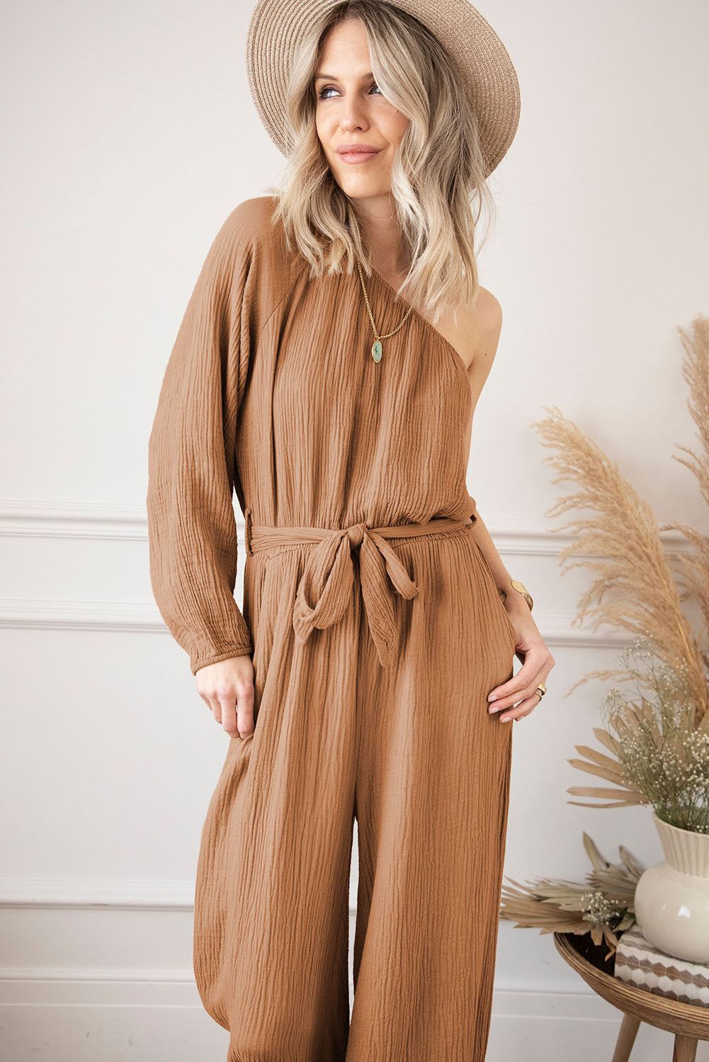 Texture Single Shoulder Tie-Waist Jumpsuit - The Boutie Shop