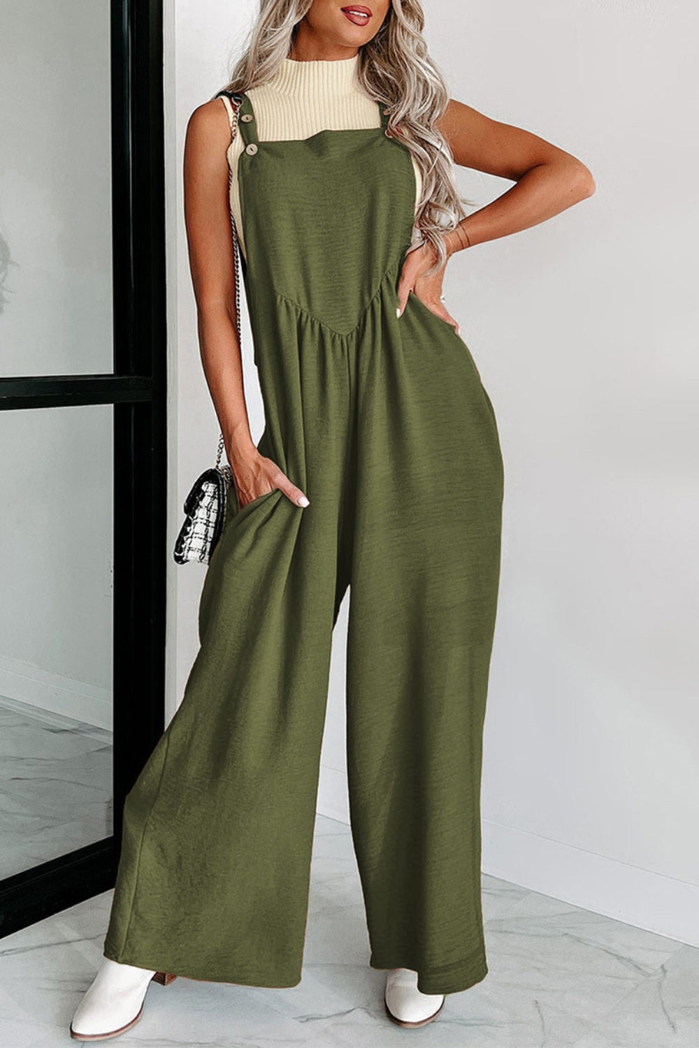 Square Neck Wide Strap Jumpsuit - The Boutie Shop