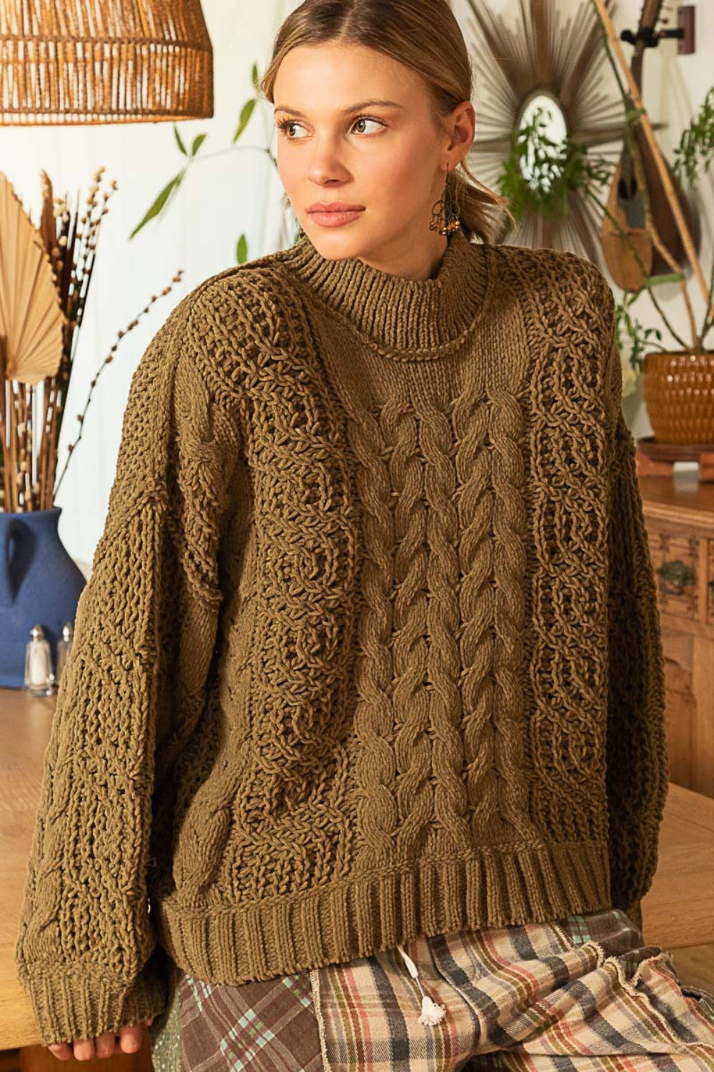 POL Mock Neck Cable Knit Sweater - The Boutie Shop