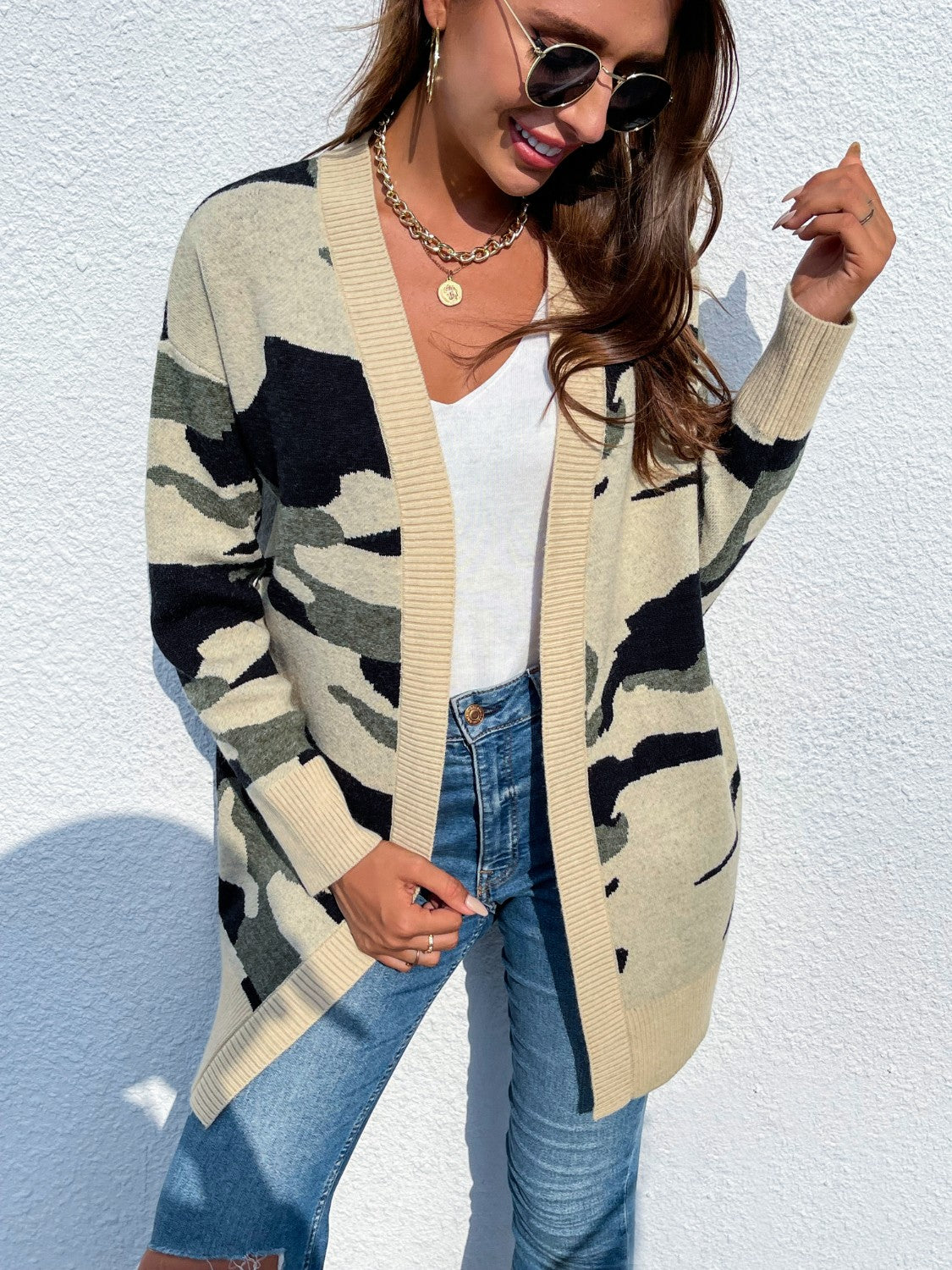 Camouflaged Dropped Shoulder Open Front Cardigan - The Boutie Shop