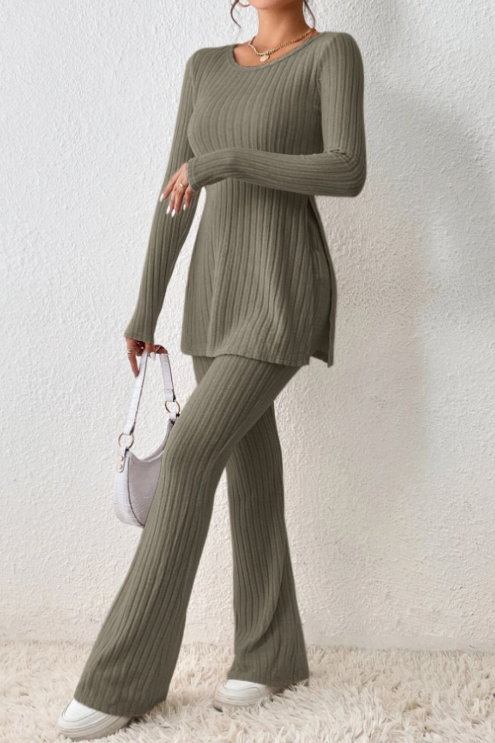 Ribbed Long Sleeve Slit Top and Bootcut Pants Set - The Boutie Shop