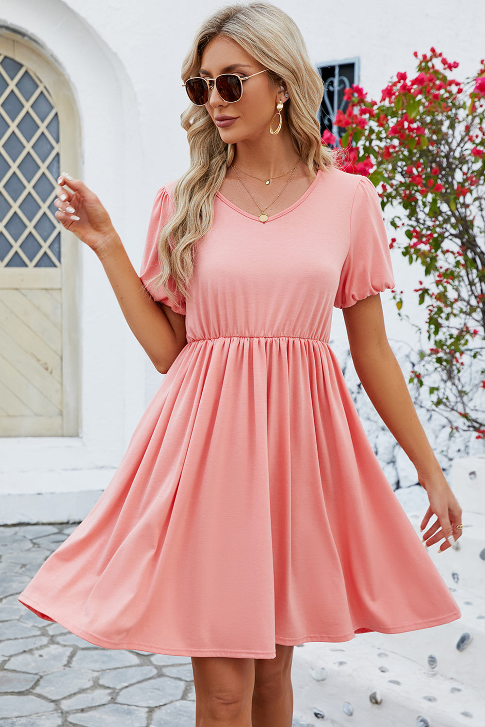 V-Neck Balloon Short Sleeve Dress - The Boutie Shop