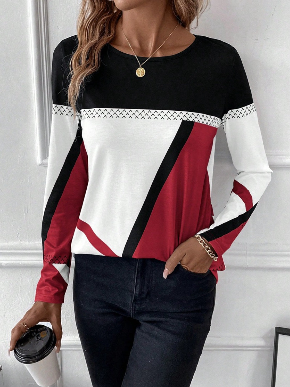 Contrast Round Neck Long Sleeve T-Shirt - The Boutie Shop