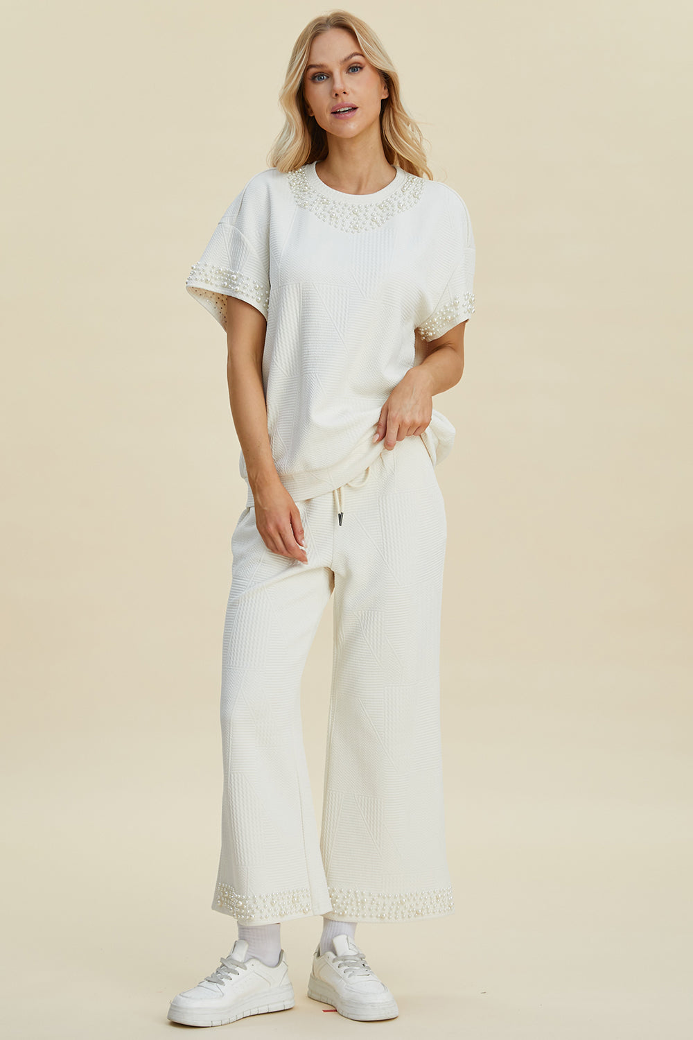 Double Take Full Size Pearl Detail Round Neck Top and Pants Set - The Boutie Shop