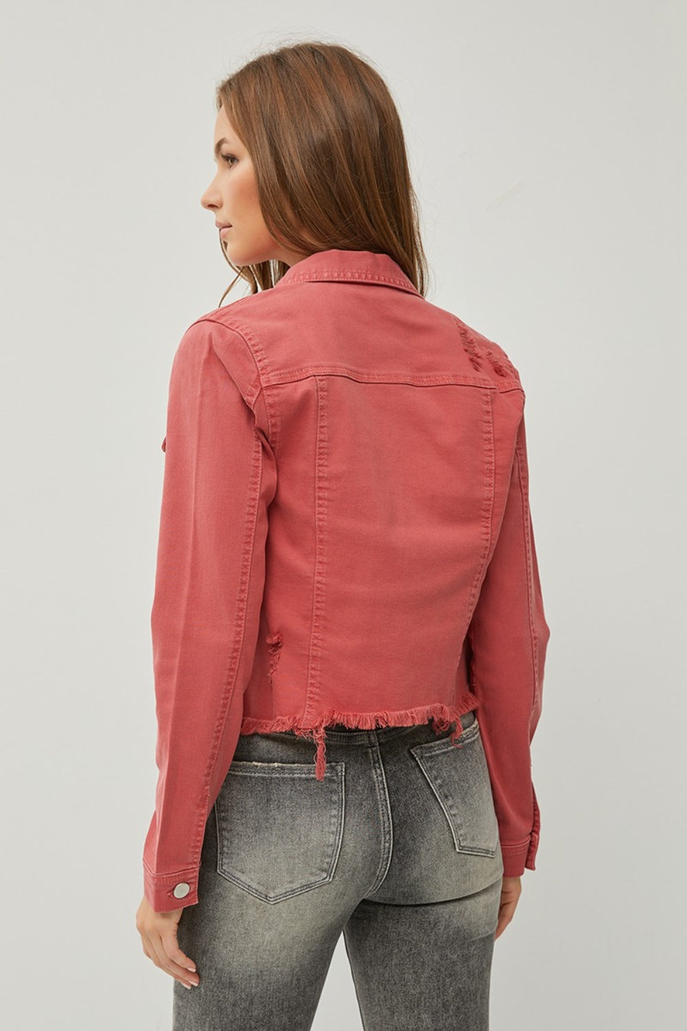 RISEN Raw Hem Button Up Cropped Denim Jacket - The Boutie Shop