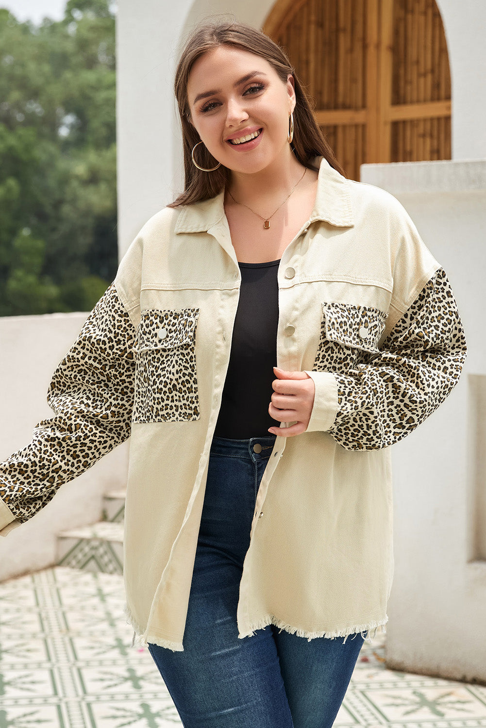 Plus Size Leopard Button Up Raw Hem Denim Jacket - The Boutie Shop