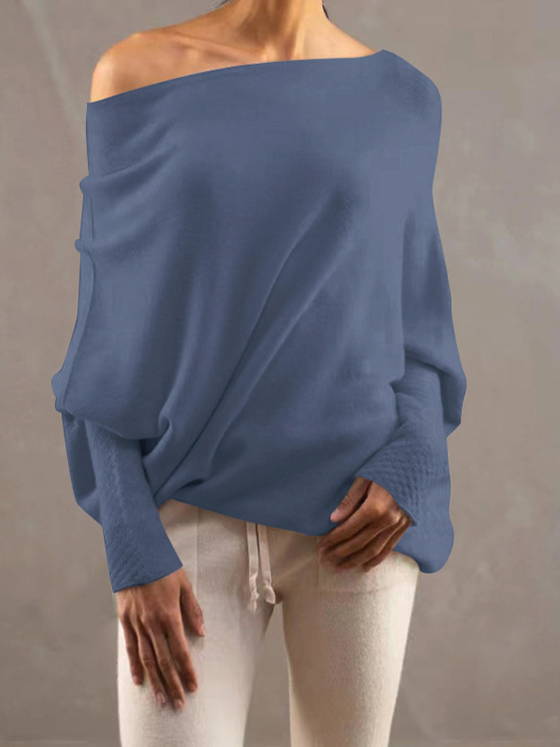 Full Size Boat Neck Batwing Sleeve Knit Top - The Boutie Shop