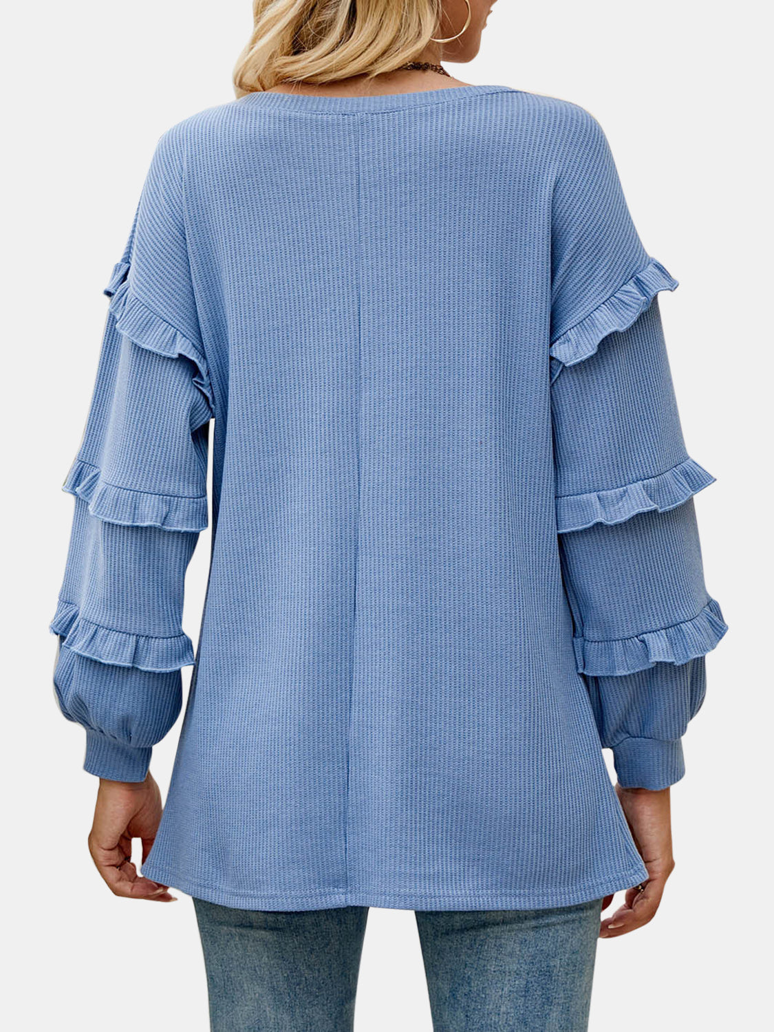 Ruffled V-Neck Long Sleeve T-Shirt - The Boutie Shop