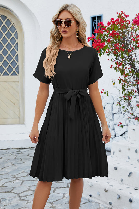 Pleated Tie Waist Short Sleeve Dress - The Boutie Shop