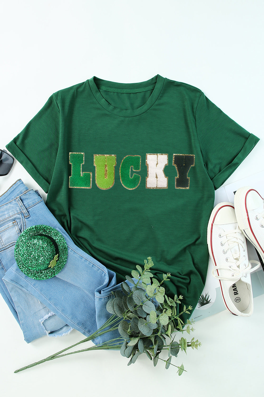 LUCKY Round Neck Short Sleeve T-Shirt - The Boutie Shop