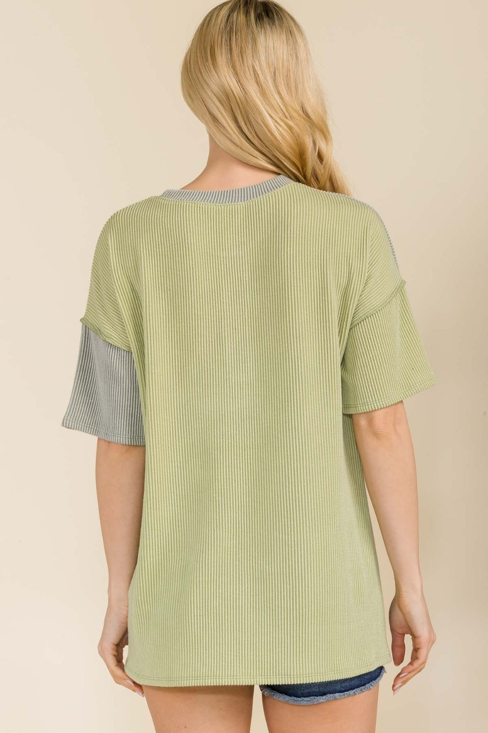 Celeste Full Size Ribbed Color Block Short Sleeve T-Shirt - The Boutie Shop