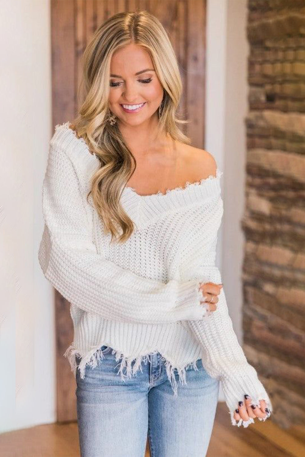 Frayed Hem Dropped Shoulder Sweater - The Boutie Shop