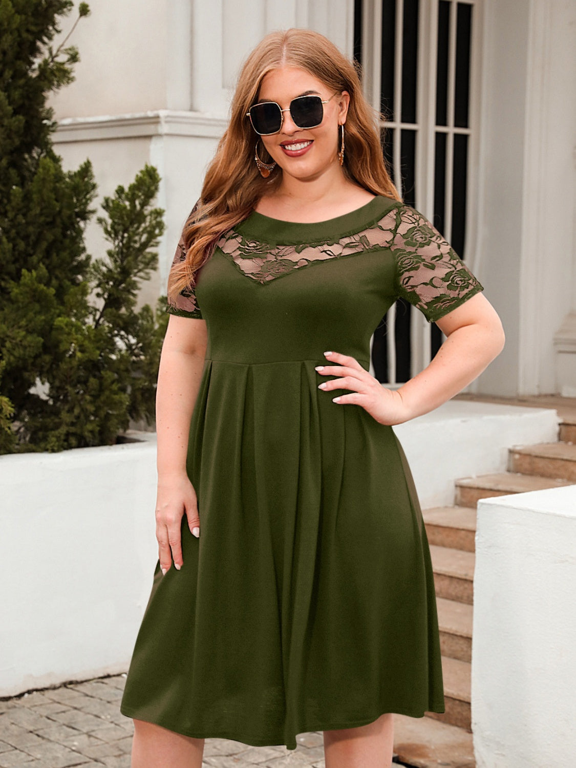 Plus Size Ruched Round Neck Short Sleeve Dress - The Boutie Shop