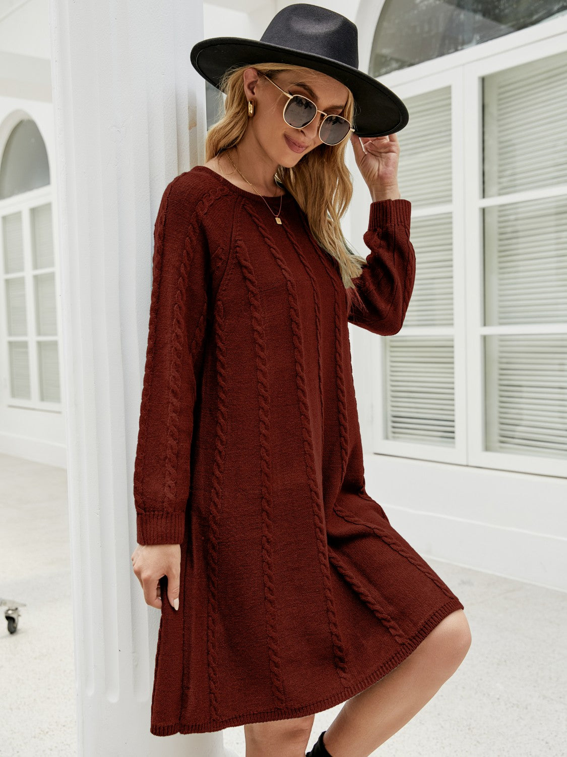 Cable-Knit Long Sleeve Sweater Dress - The Boutie Shop