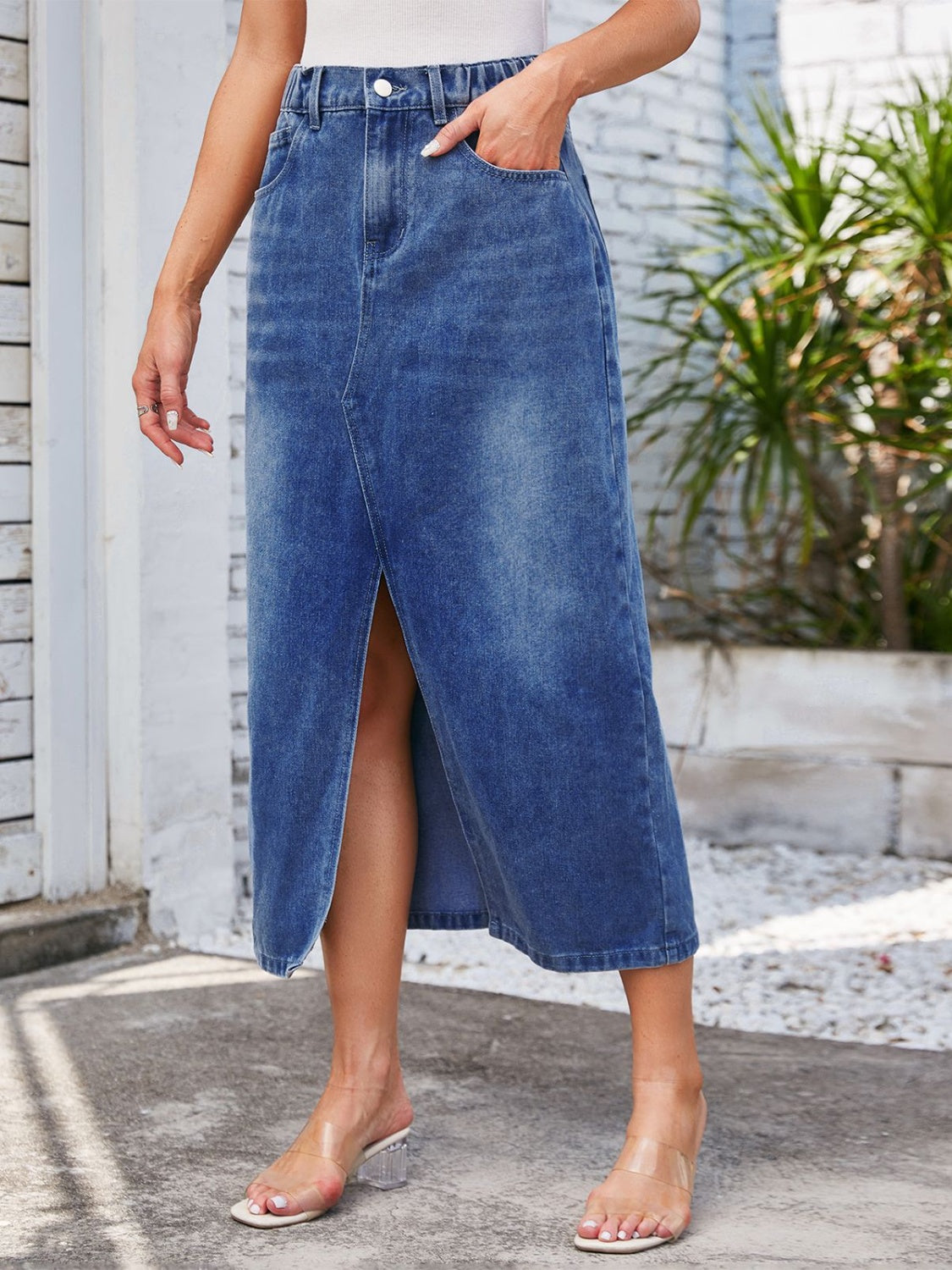 Slit Midi Denim Skirt with Pockets - The Boutie Shop