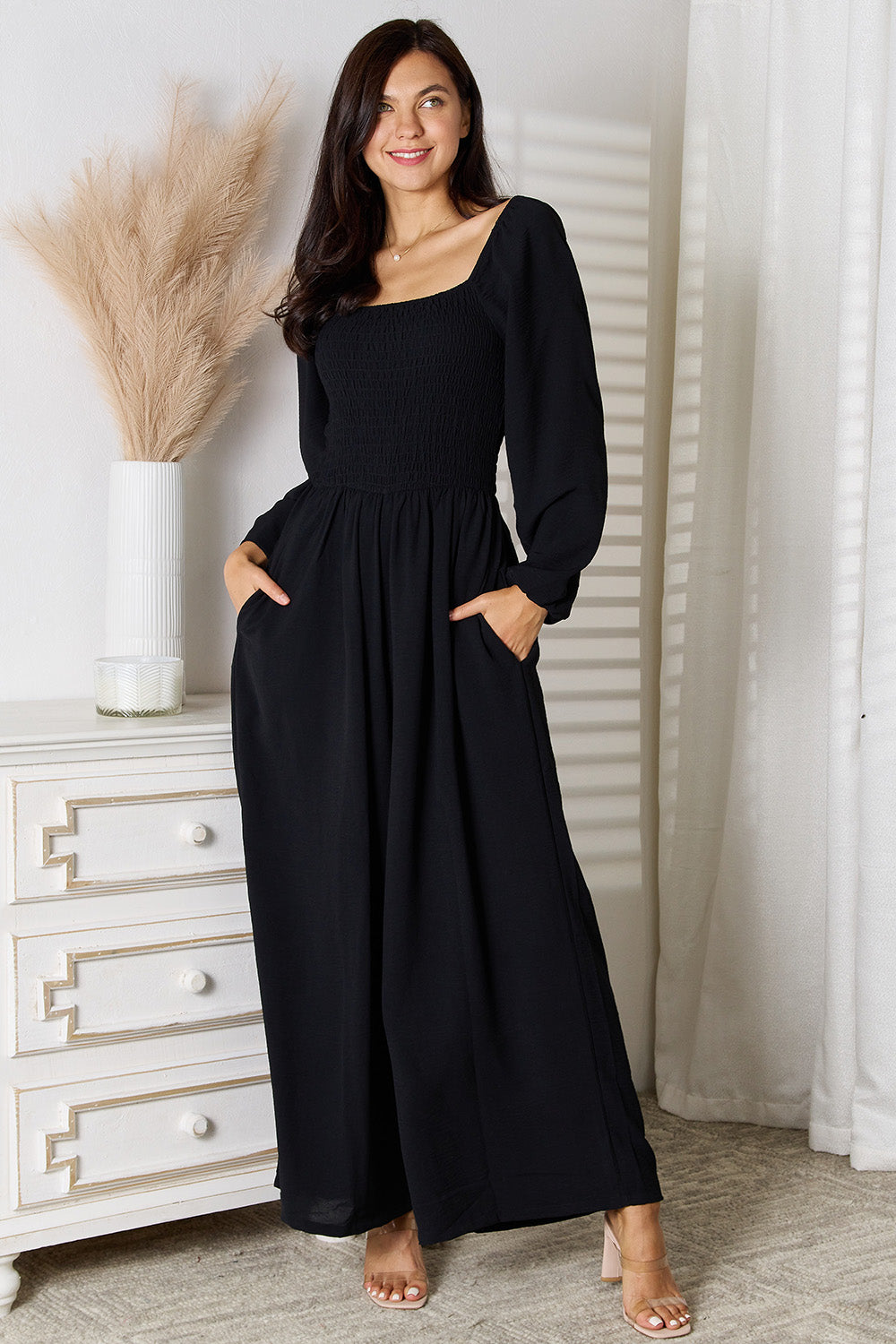 Double Take Square Neck Jumpsuit with Pockets - The Boutie Shop