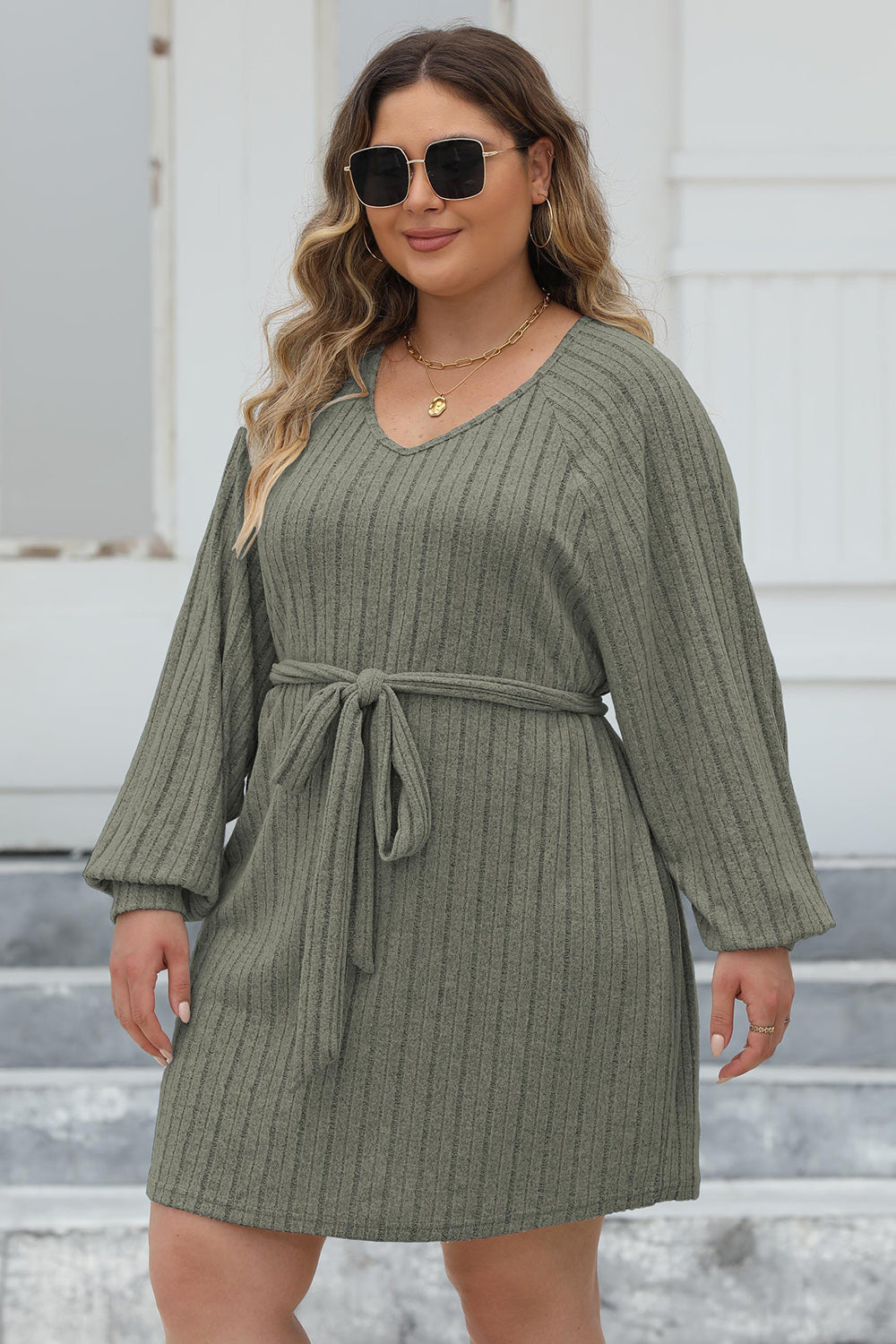 Plus Size Ribbed Tie Front Long Sleeve Sweater Dress - The Boutie Shop