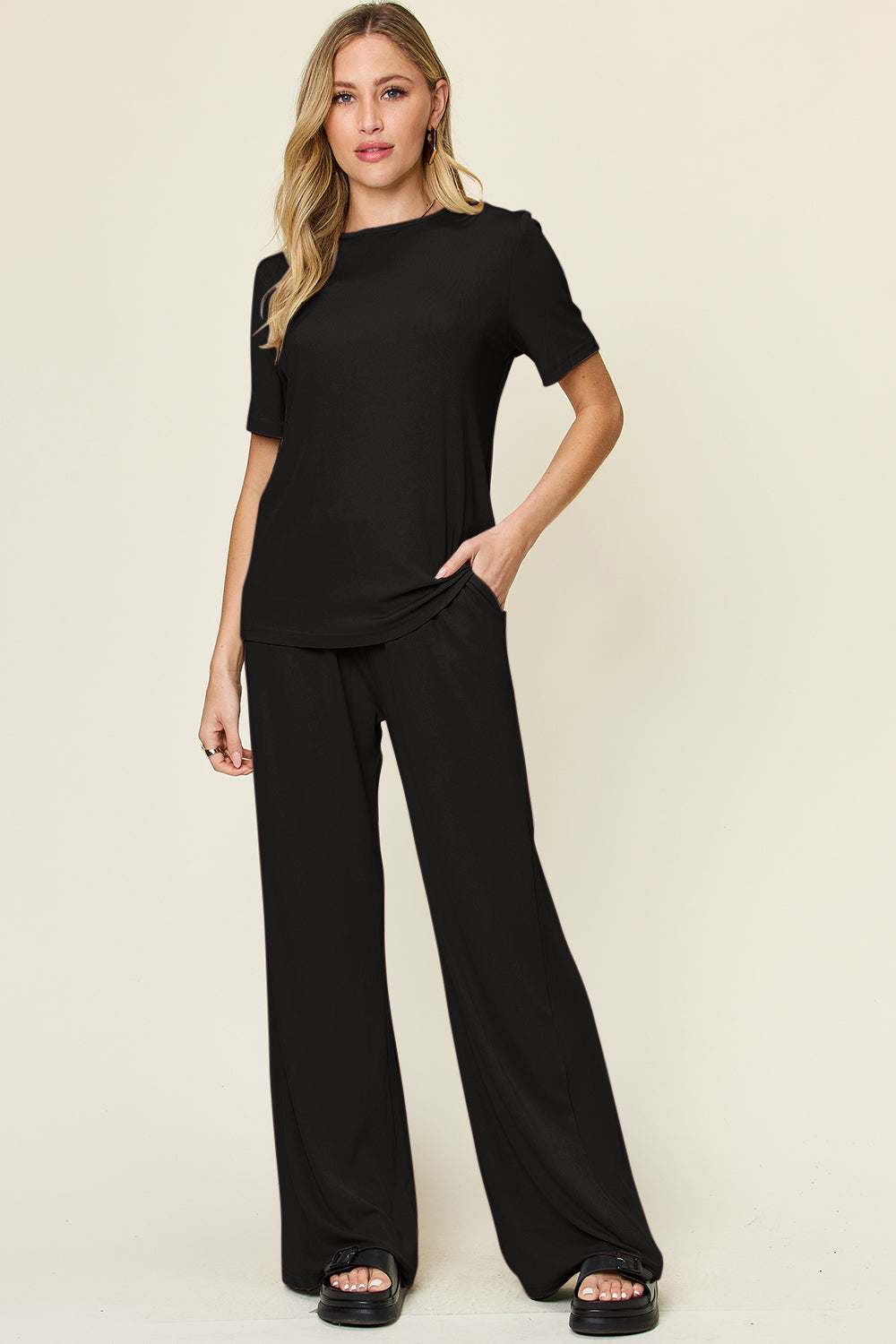 Double Take Full Size Round Neck Short Sleeve T-Shirt and Wide Leg Pants Set - The Boutie Shop