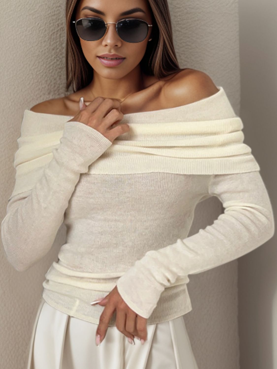 Off-Shoulder Long Sleeve Sweater - The Boutie Shop